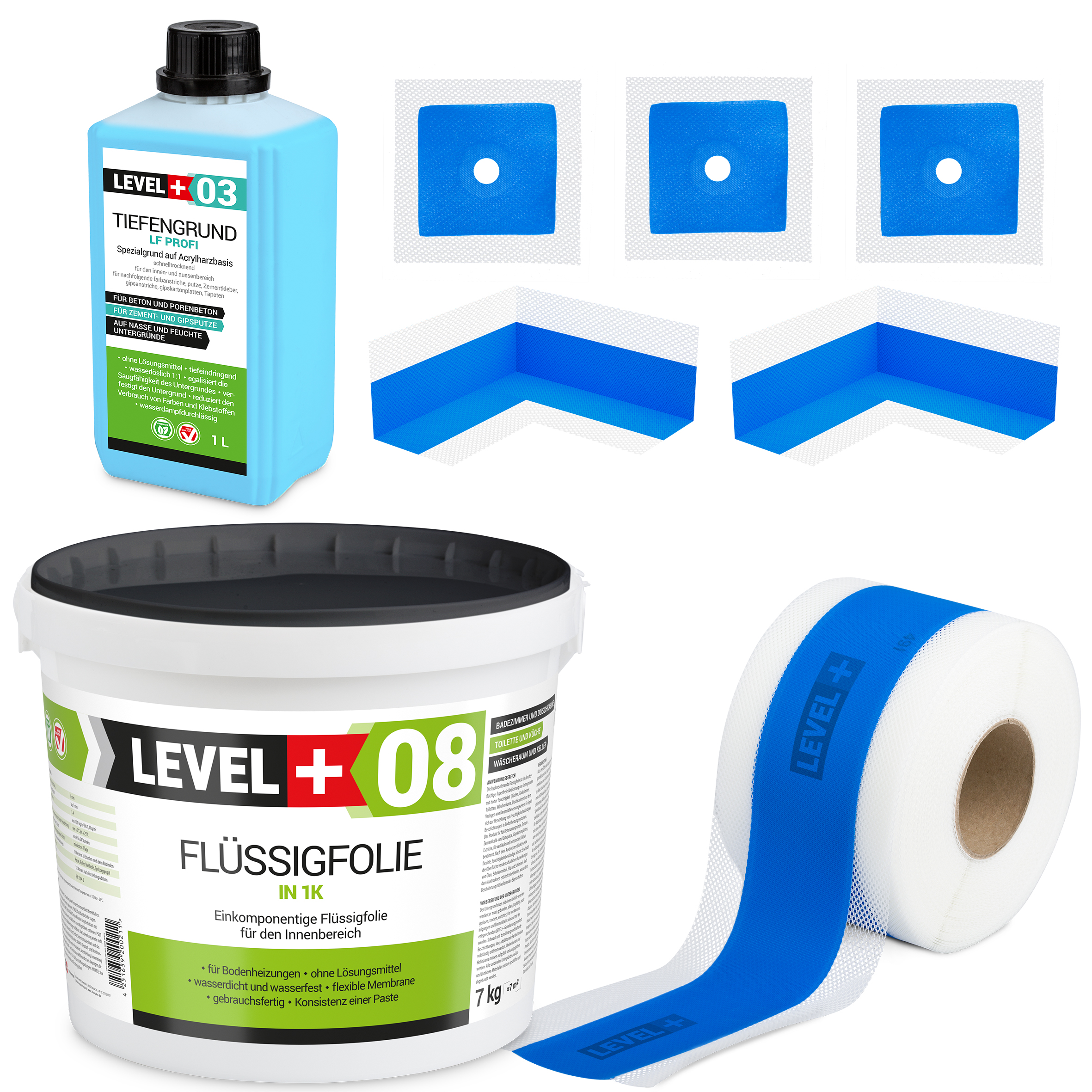 Dichtset Duschabdichtung Flüssigfolie 7kg Innenecke Dichtband Bad Dusche Küche LEVEL+ SET345