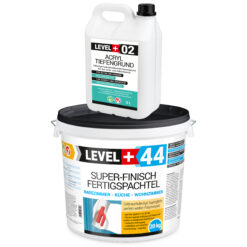 Super-Finish Fertigspachtel Masse 20kg Spachtelmasse Polymer-Gips-Flächenglätter und Acryl Tiefengrund 5L LEVEL+ SET603