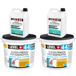 Super-Finish Fertigspachtel Masse 40kg Spachtelmasse Polymer-Gips-Flächenglätter und Acryl Tiefengrund 10L LEVEL+ SET604