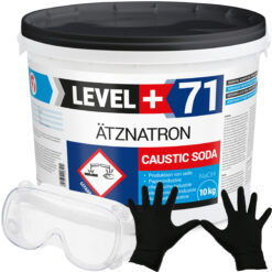 Rohrreiniger Ätznatron Entfetter Perlen Caustic Soda Eimer 10kg Seifenindustrie + Schutzbrille + Nitrillhandschuhe Arbeitsschutz Set LEVEL+71