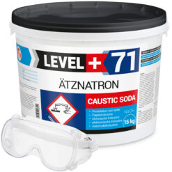 Ätznatron Entfetter Rohrreiniger Perlen Caustic Soda Eimer 15kg Seifenindustrie + Schutzbrille Arbeitsschutz Set LEVEL+71