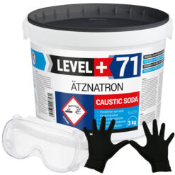 Rohrreiniger Ätznatron Entfetter Perlen Caustic Soda Eimer 3kg Seifenindustrie + Schutzbrille + Nitrillhandschuhe Arbeitsschutz Set LEVEL+71