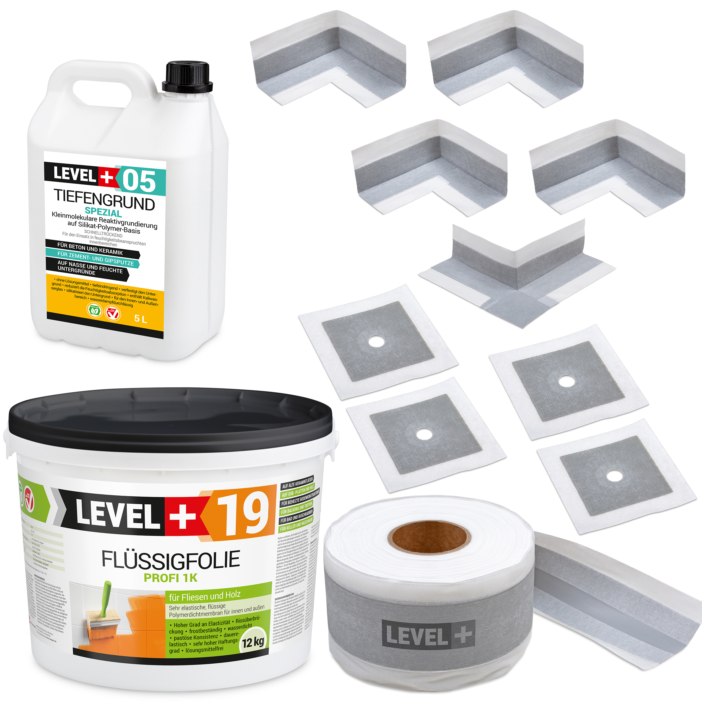 Dicht-Set Innen Außen Abdichtung-Set Dichtvlies Flüssigfolie 12kg Holz Fliesen OSB Wasserdicht Dichtband 120/70mm Ausdehnbar SET520