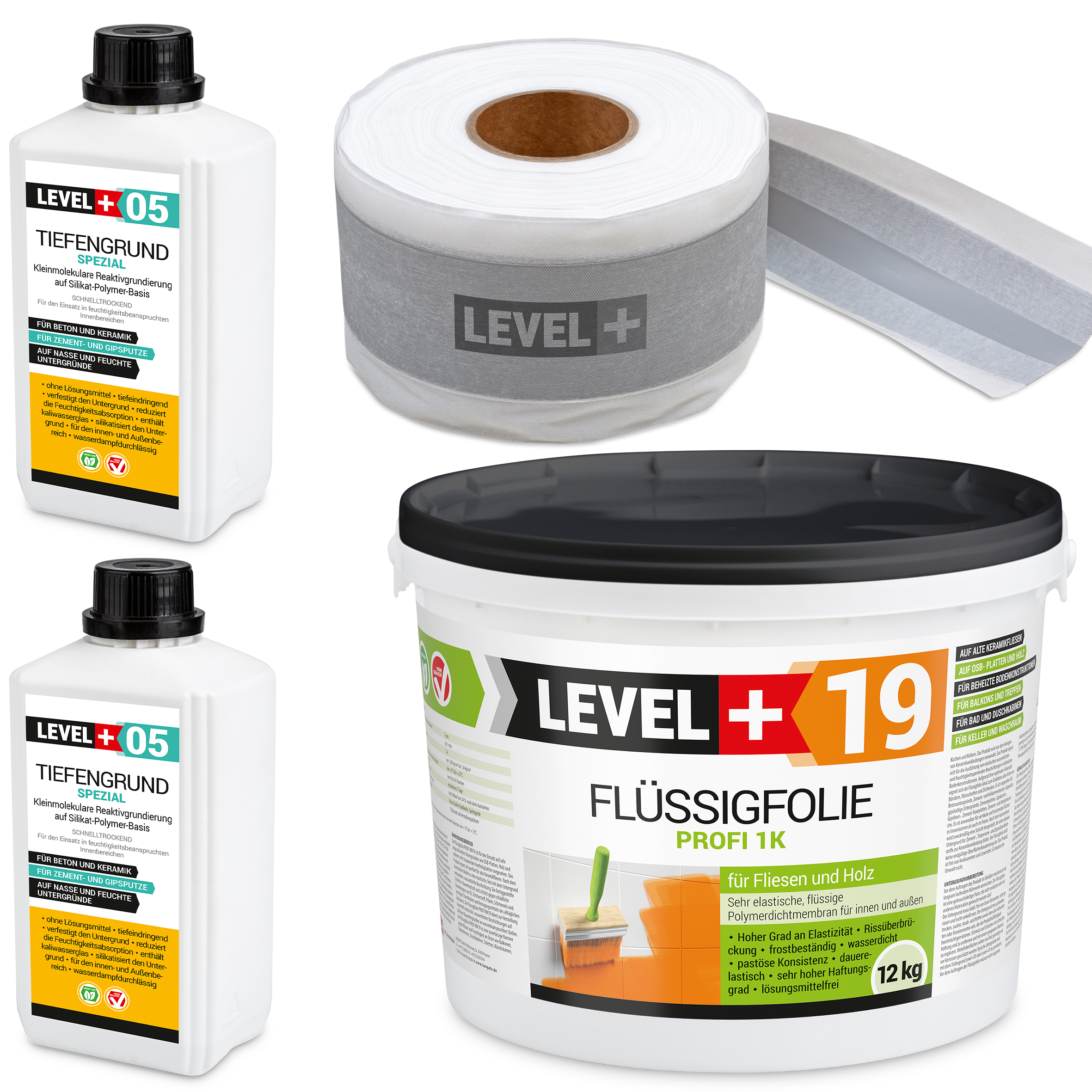 Dicht-Set Innen Außen Abdichtung-Set Dichtvlies Flüssigfolie 12kg Holz Fliesen OSB Wasserdicht Dichtband 120/70mm Ausdehnbar SET524