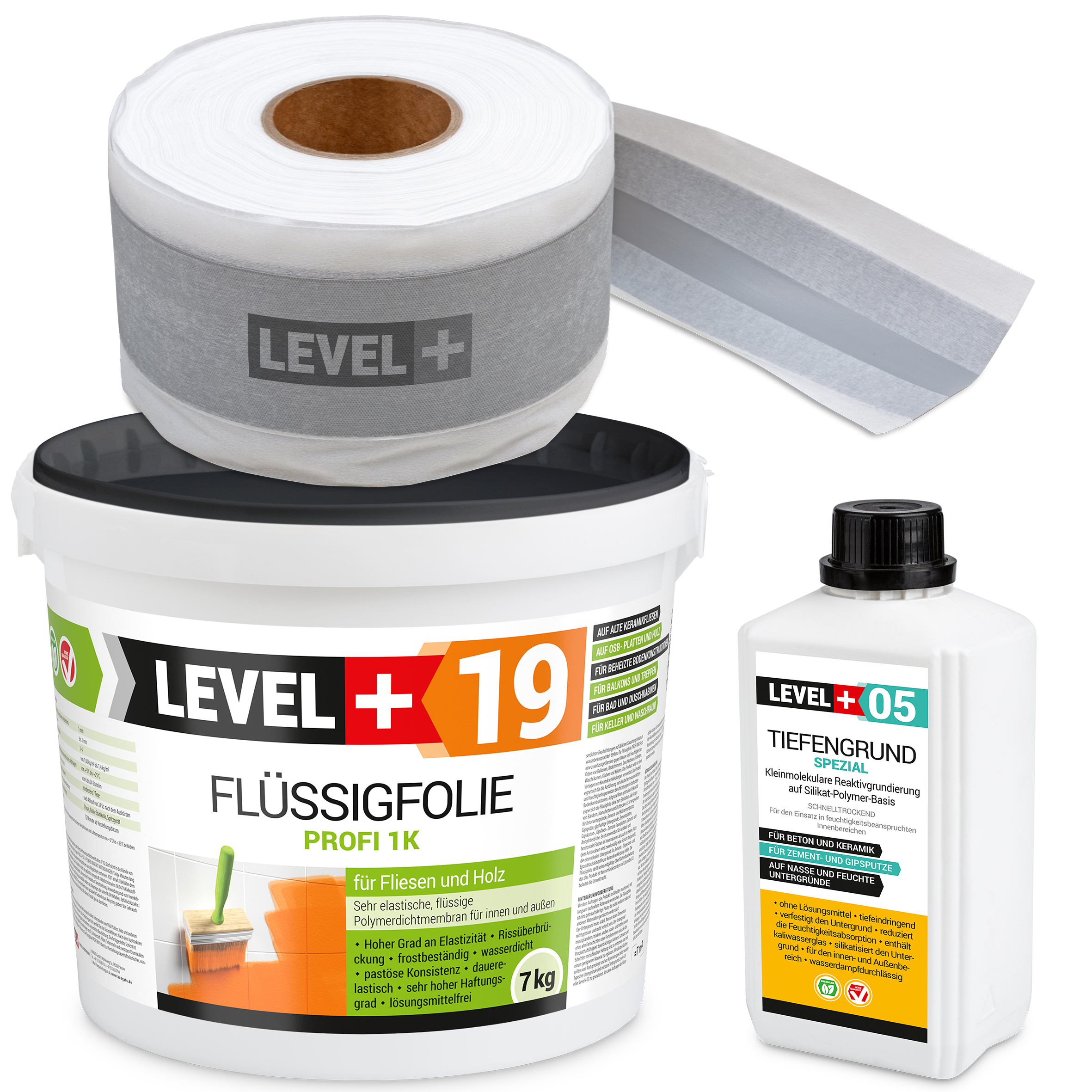 Dicht-Set Innen Außen Abdichtung-Set Dichtvlies Flüssigfolie 7kg Holz Fliesen OSB Wasserdicht Dichtband 120/70mm Ausdehnbar SET545