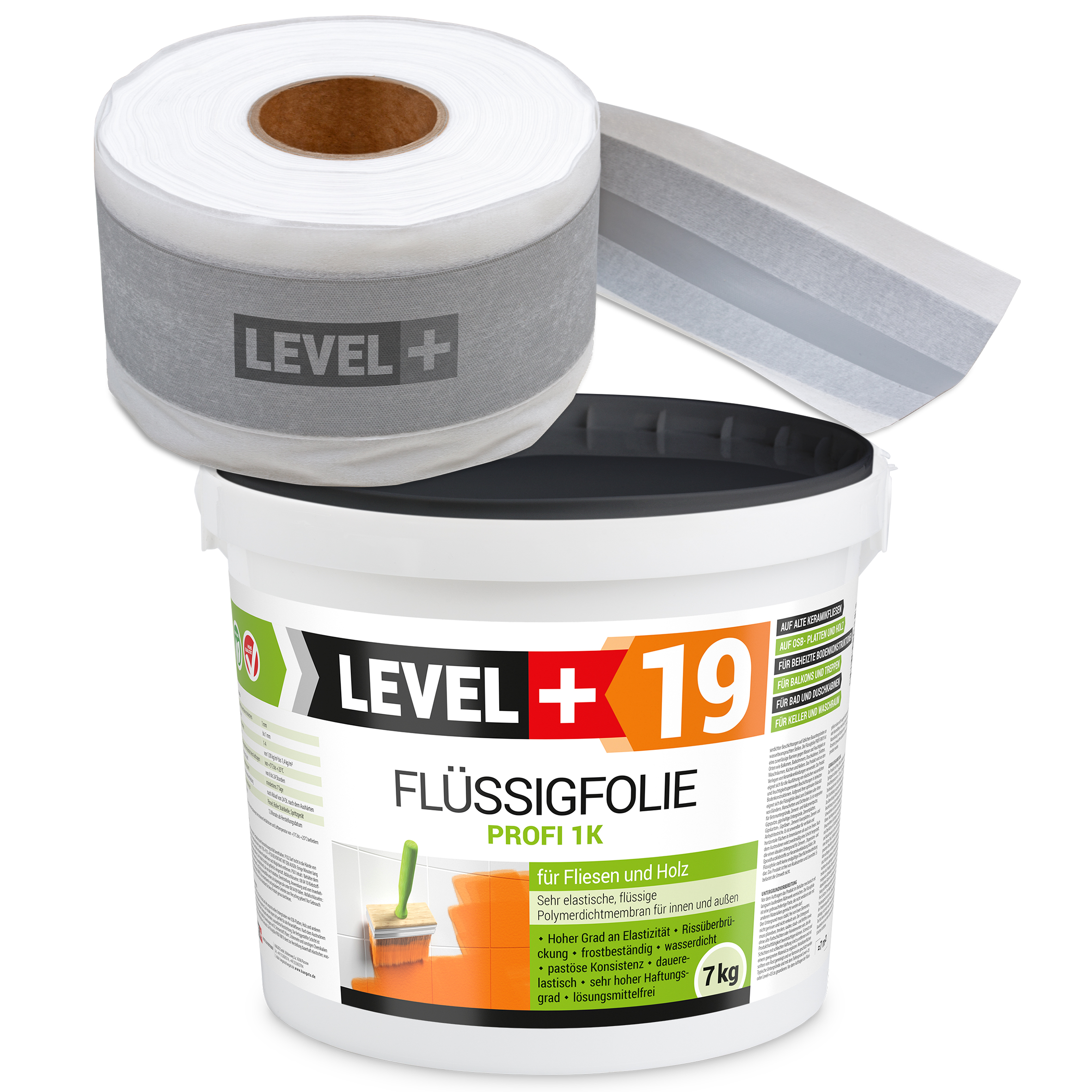 Dicht-Set Innen Außen Abdichtung-Set Dichtvlies Flüssigfolie 7kg Holz Fliesen OSB Wasserdicht Dichtband 120/70mm Ausdehnbar SET546