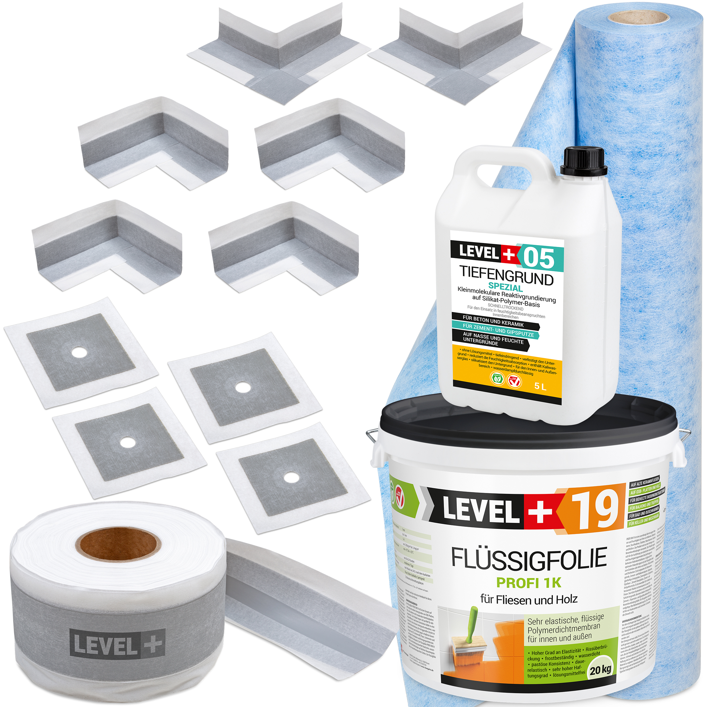 Dicht-Set Innen Außen Abdichtung-Set Dichtvlies Flüssigfolie 20kg Holz Fliesen OSB Wasserdicht Dichtband 120/70mm Ausdehnbar SET548