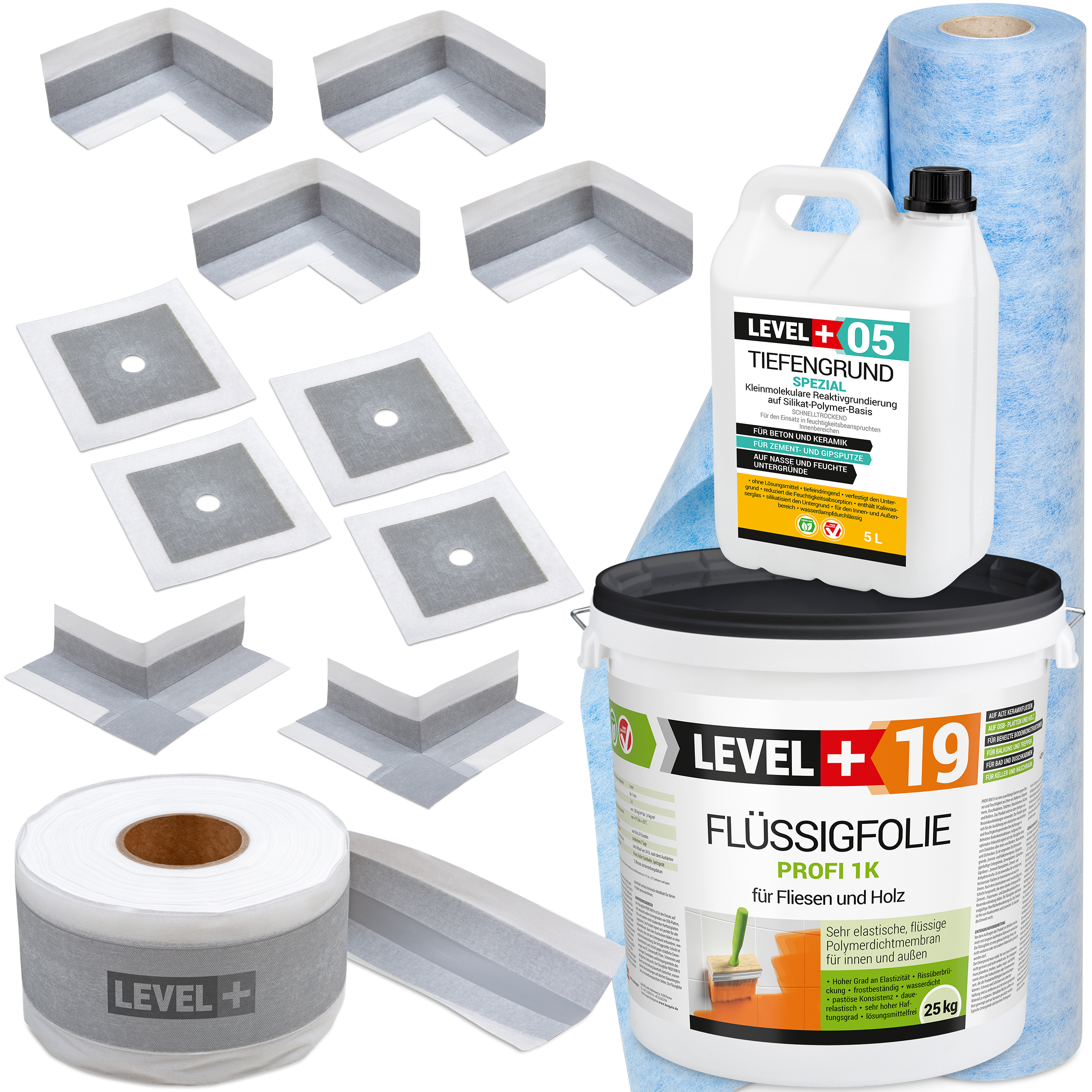 Dicht-Set Innen Außen Abdichtung-Set Dichtvlies Flüssigfolie 25kg Holz Fliesen OSB Wasserdicht Dichtband 120/70mm Ausdehnbar SET549