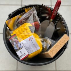 Fliesenlegerset 9teilig Waschset Fugbrett Zahnkellen Holzgriff Waschbrett Knieschützer Gelb Baueimer ConToo CT02
