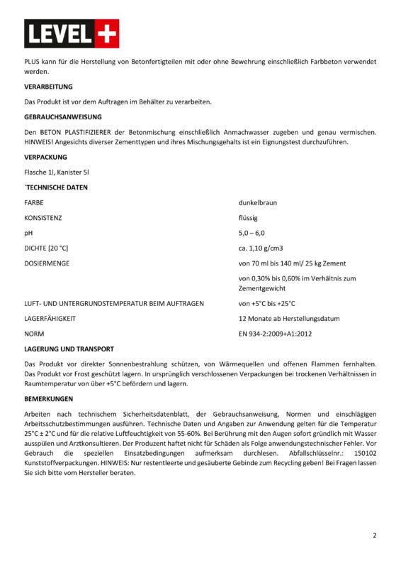 LEVEL+ Estrichzusatzmittel RM39 Für Fußbodenheizung - 2L Für Heizestrich