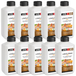 Leinöl Firnis 10x1 Liter, Holzschutz, Doppelt Gekocht, Holzpflege, Holzöl, Schnelle Trocknung, Natürlicher Holzschutz, Harzfrei LEVEL+33
