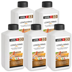 Leinöl Firnis 5x1 Liter, Holzschutz, Doppelt Gekocht, Holzpflege, Holzöl, Schnelle Trocknung, Natürlicher Holzschutz, Harzfrei LEVEL+33