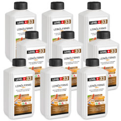 Leinöl Firnis 9x1 Liter, Holzschutz, Doppelt Gekocht, Holzpflege, Holzöl, Schnelle Trocknung, Natürlicher Holzschutz, Harzfrei LEVEL+33