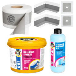 Dichtset Flüssigfolie 4Kg Dichtband Dichtecken Dichtmanschetten Tiefengrund HALBAU H03