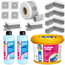 Dichtset Flüssigfolie 12kg Dichtband 15m Dichtecken Manschetten Tiefengrund H33