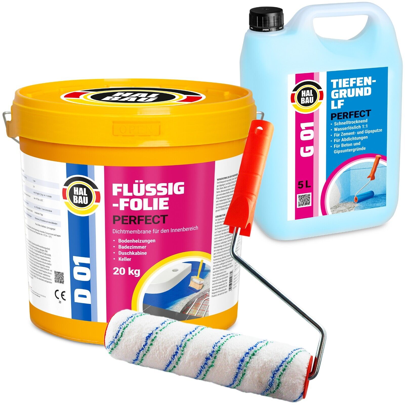 Flüssigfolie 20Kg Dichtfolie Tiefengrund Dusche Bad Küche +Farbroller 25cm SET H444