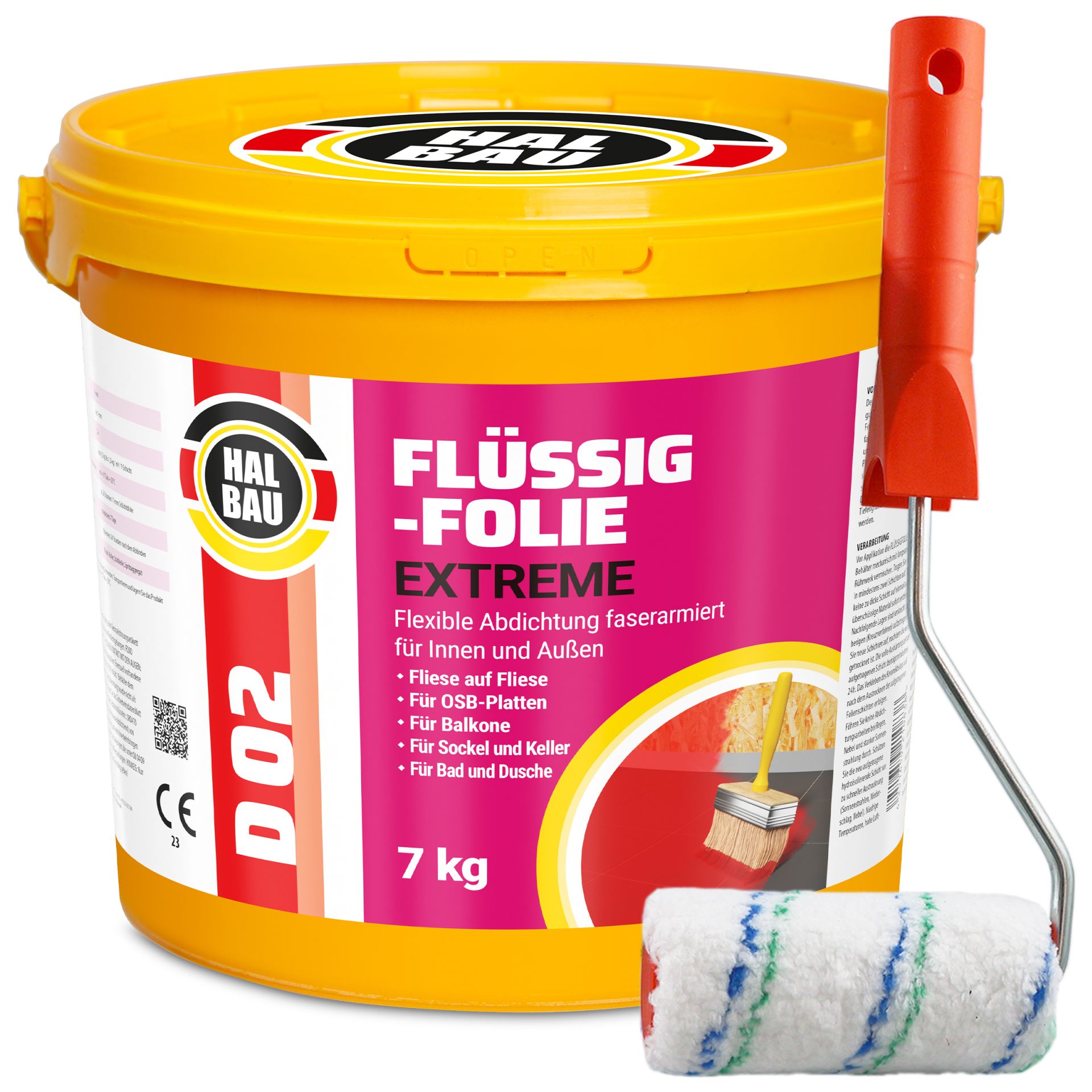 Flüssigfolie in 1K Dichtfolie Abdichtfolie Abdichtung Bad Dusche Küche Wassersperre 7Kg + Roller 10cm HALBAU D02