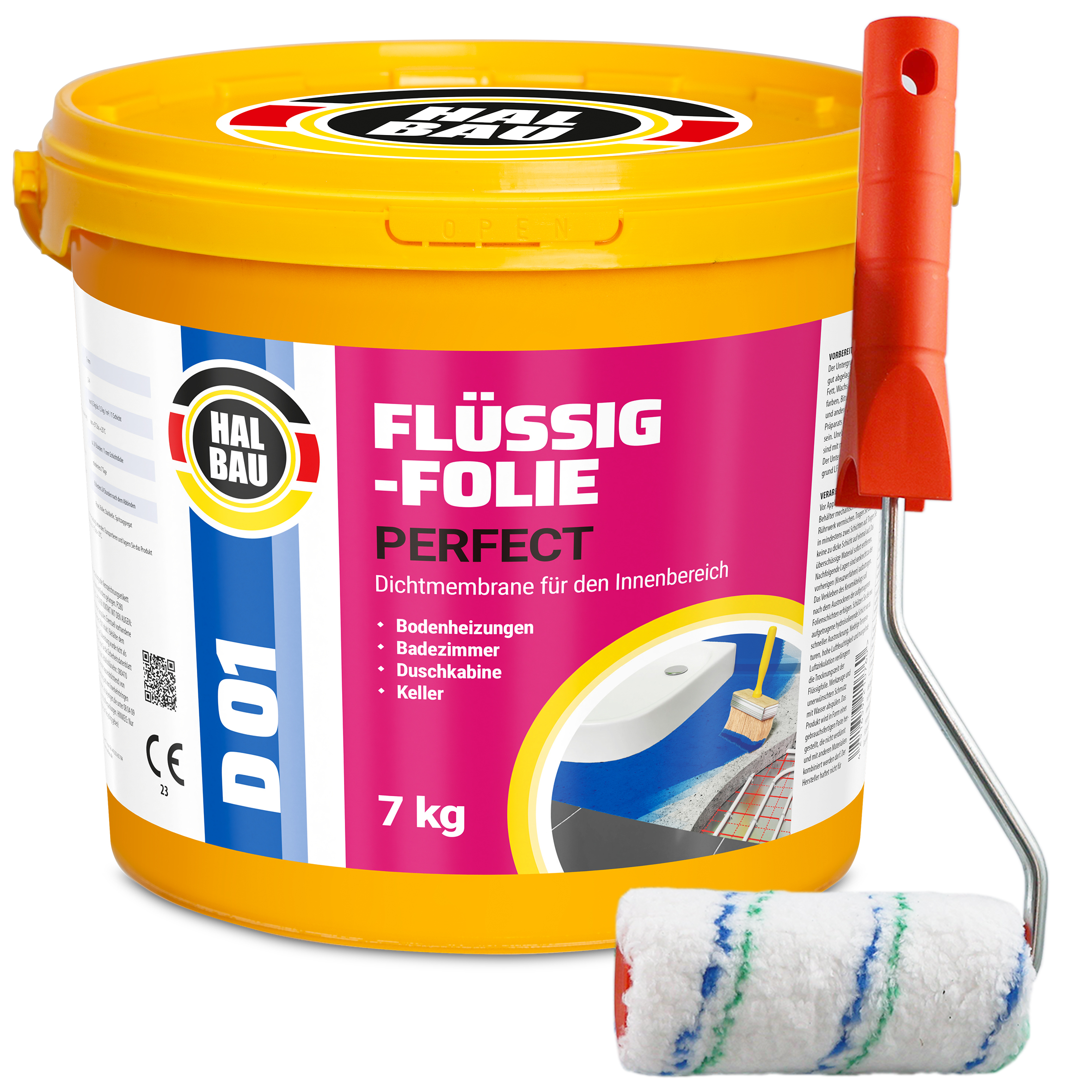 Flüssigfolie in 1K Dichtfolie Abdichtfolie Abdichtung Bad Dusche Küche Wasserdicht 7Kg + Roller 10cm HALBAU D01