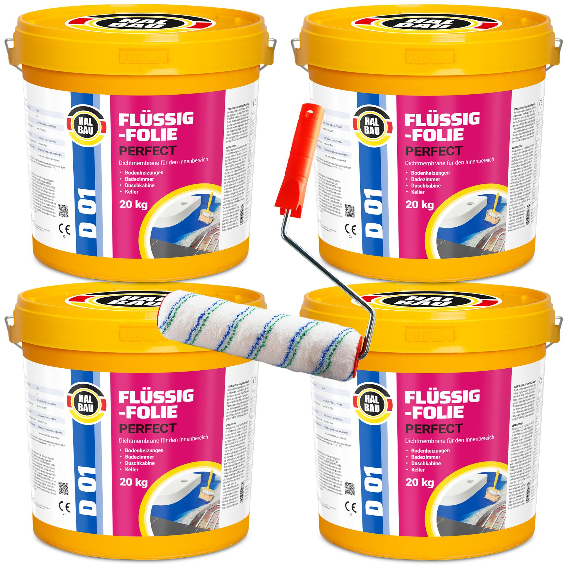 Flüssigfolie in 1K Dichtfolie Abdichtfolie Abdichtung Bad Dusche Küche Wasserdicht 80Kg + Roller 25cm HALBAU D01