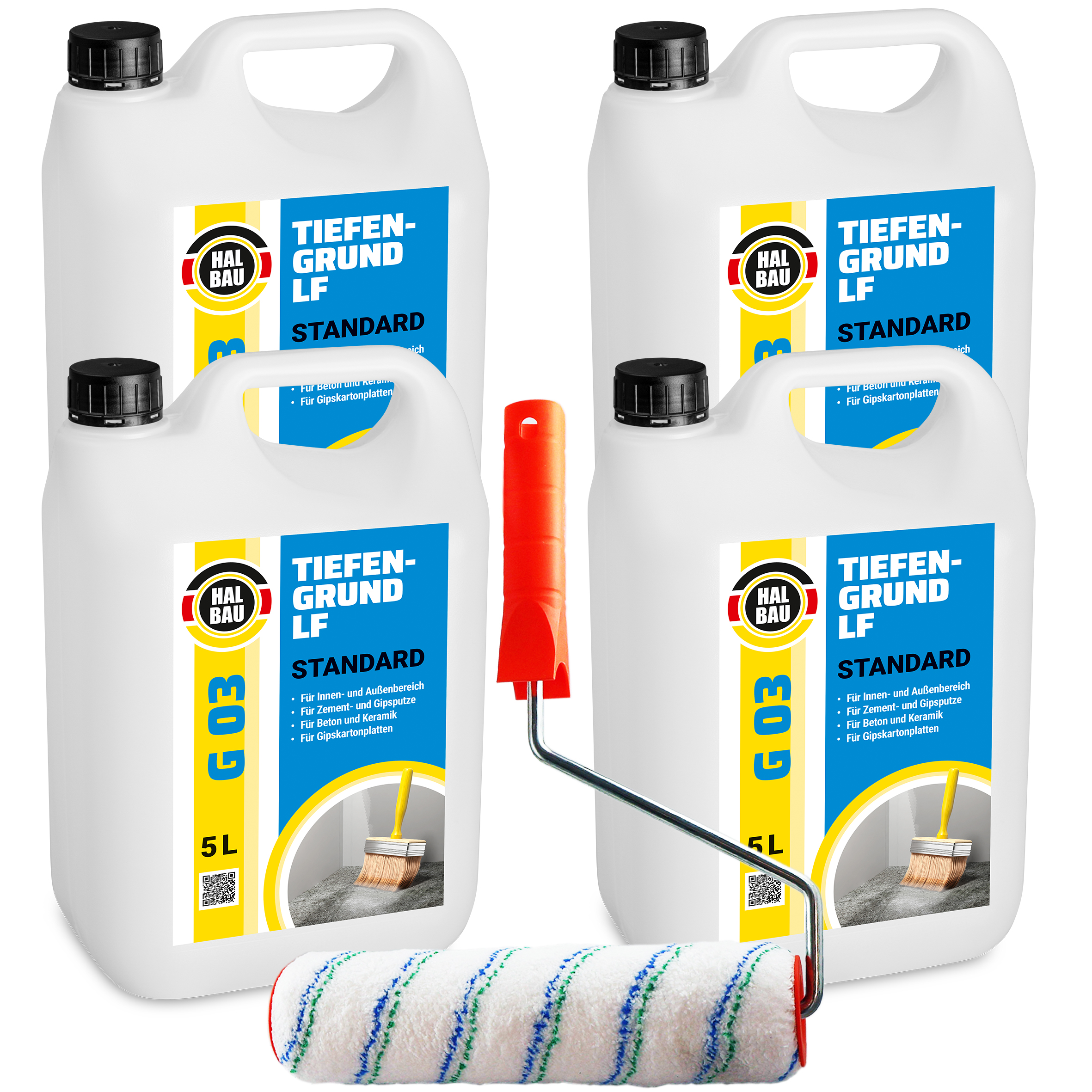 Tiefengrund 20L Tiefgrund LF Farben Tapeten Putz Gips Primer HALBAU G03 + Farbroller 25cm