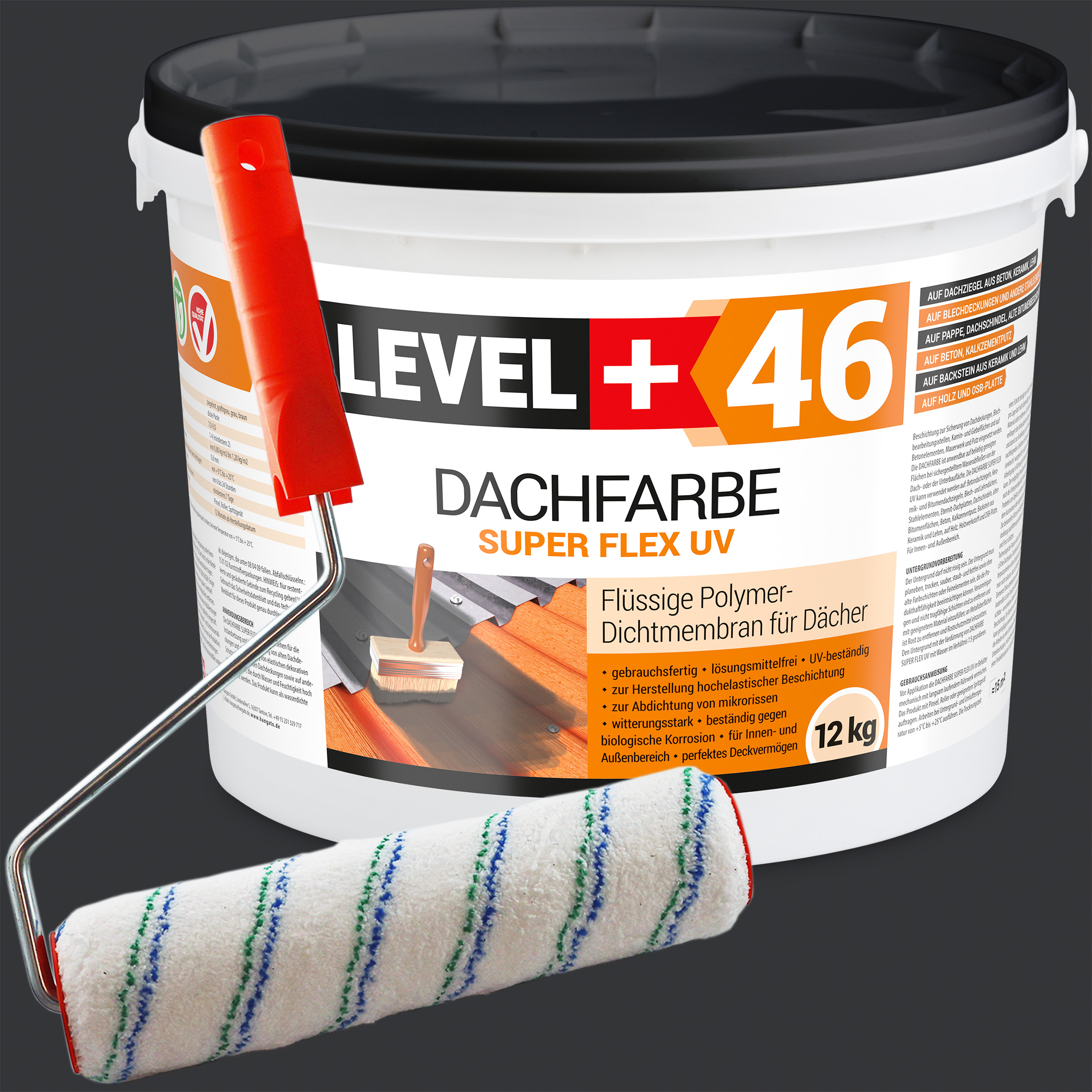 Dachfarbe 12kg Anthrazit Flexible Sockelfarbe Dachlack UV-beständig + Farbroller 25cm mit Bügel SET L+46