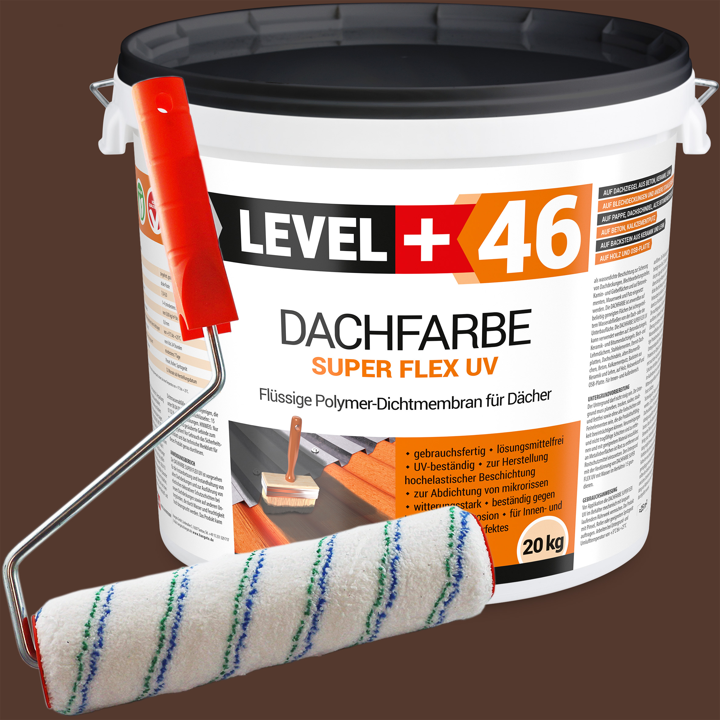 Dachfarbe 20kg Braun Flexible Sockelfarbe Dachlack UV-beständig + Farbroller 25cm mit Bügel SET L+46