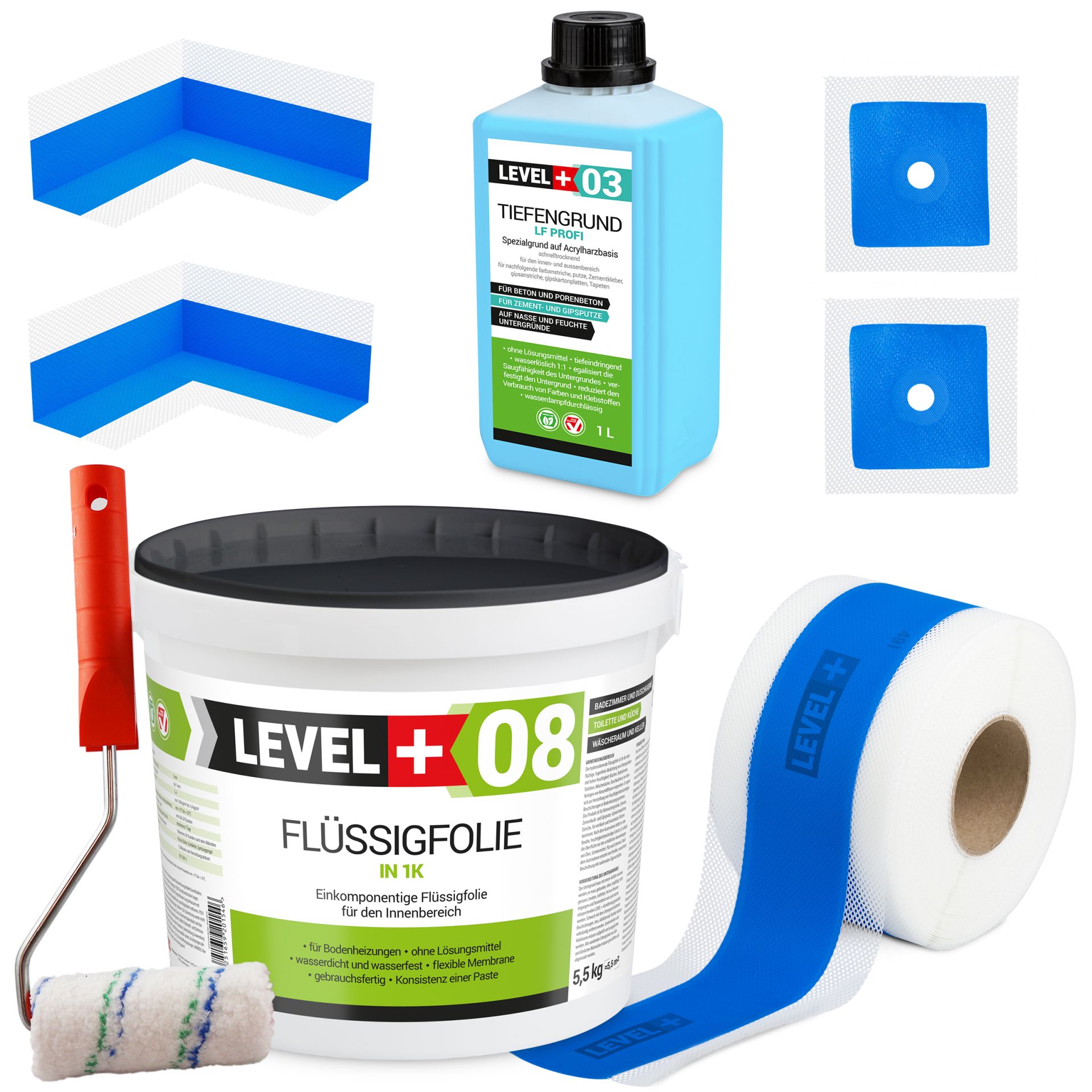 Dichtset Abdichtung Flüssigfolie 5,5kg Dichtband 5m Tiefengrund Farbroller 10cm Dichtband LEVEL+ SET291