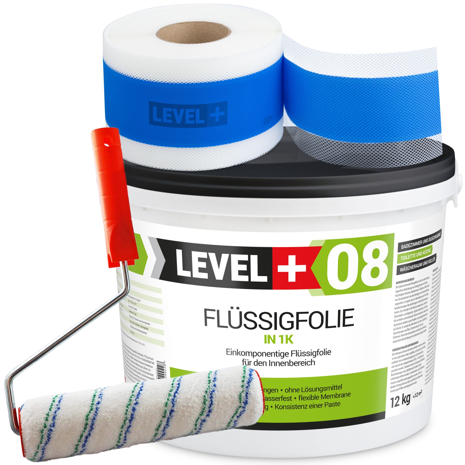 Dichtset Abdichtung Flüssigfolie 12kg Dichtband 10m Farbroller 25cm Dichtband LEVEL+ SET293