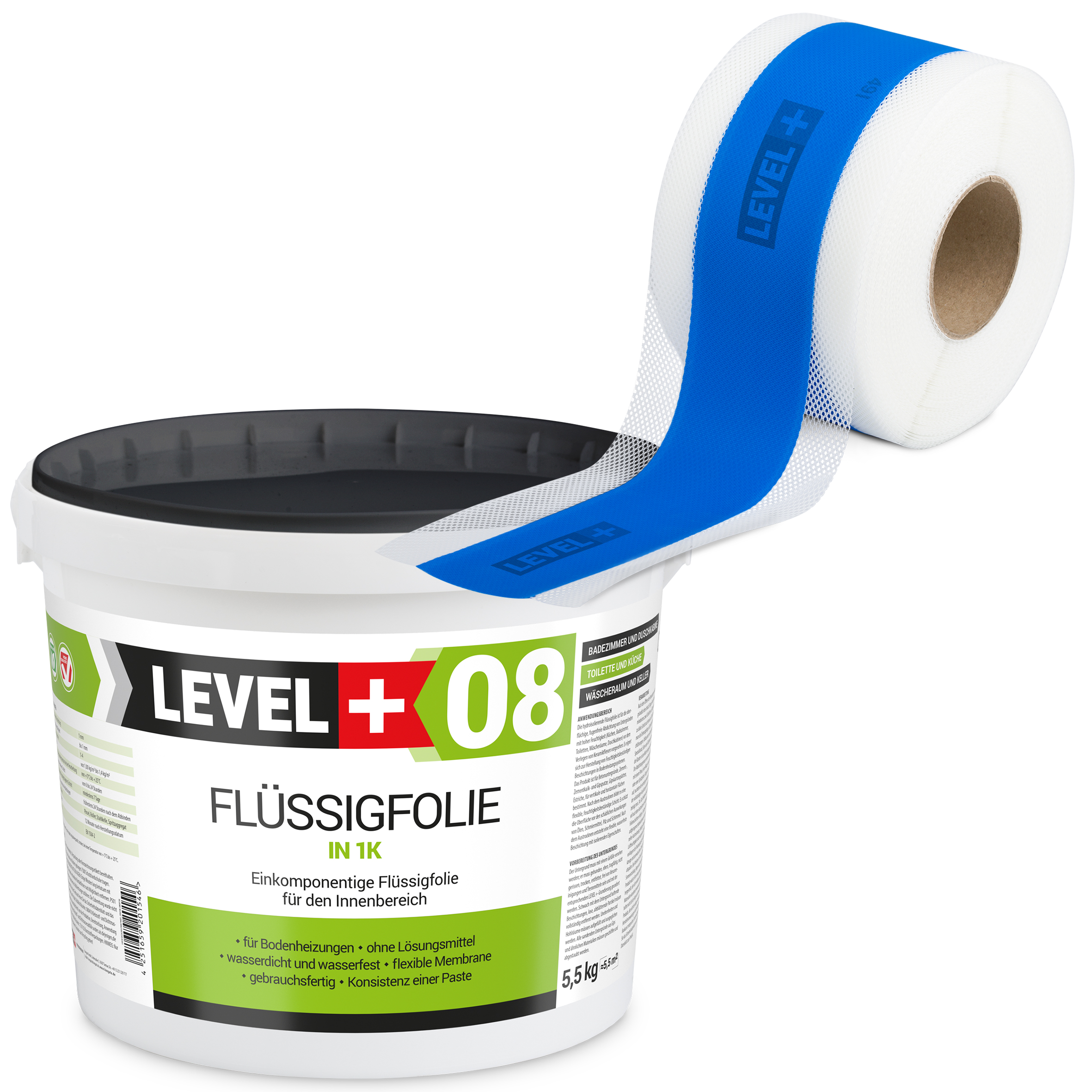 Dichtset Flüssigfolie 5,5kg Wassersperre Bad Dusche Dichtband Wasserdicht LEVEL+ SET298