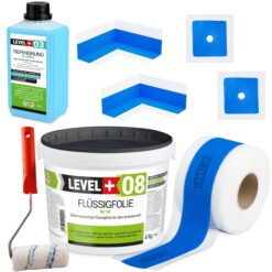 Dichtset Abdichtung Flüssigfolie 4kg Dichtband 5m Tiefengrund Farbroller 10cm Dichtband LEVEL+ SET290