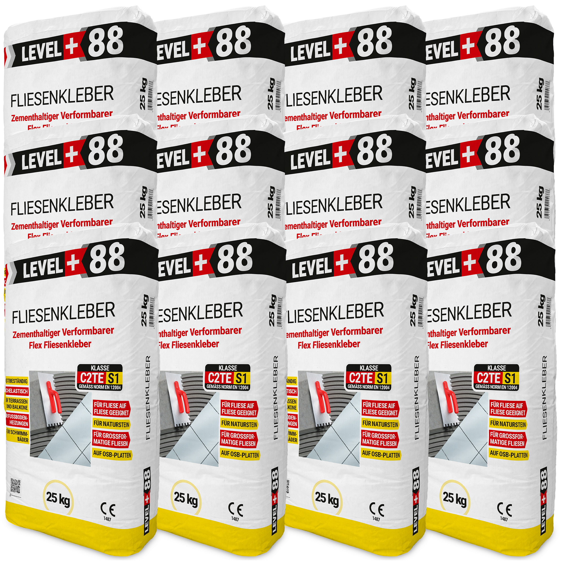 Fliesenkleber Flexkleber 300kg Flexmörtel C2TES1 Innen Außen Naturstein Fliesen Level Plus 88