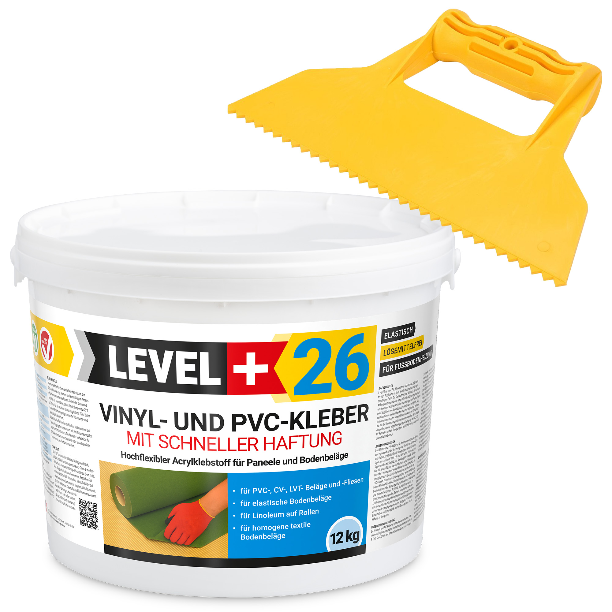 Vinylkleber PVC LVT CV Paneele Fliesen Teppich Kleber 12kg Flex Klebstoff Innenbereich Schnelle Haftung L+26 + Dreieckzahnspachtel
