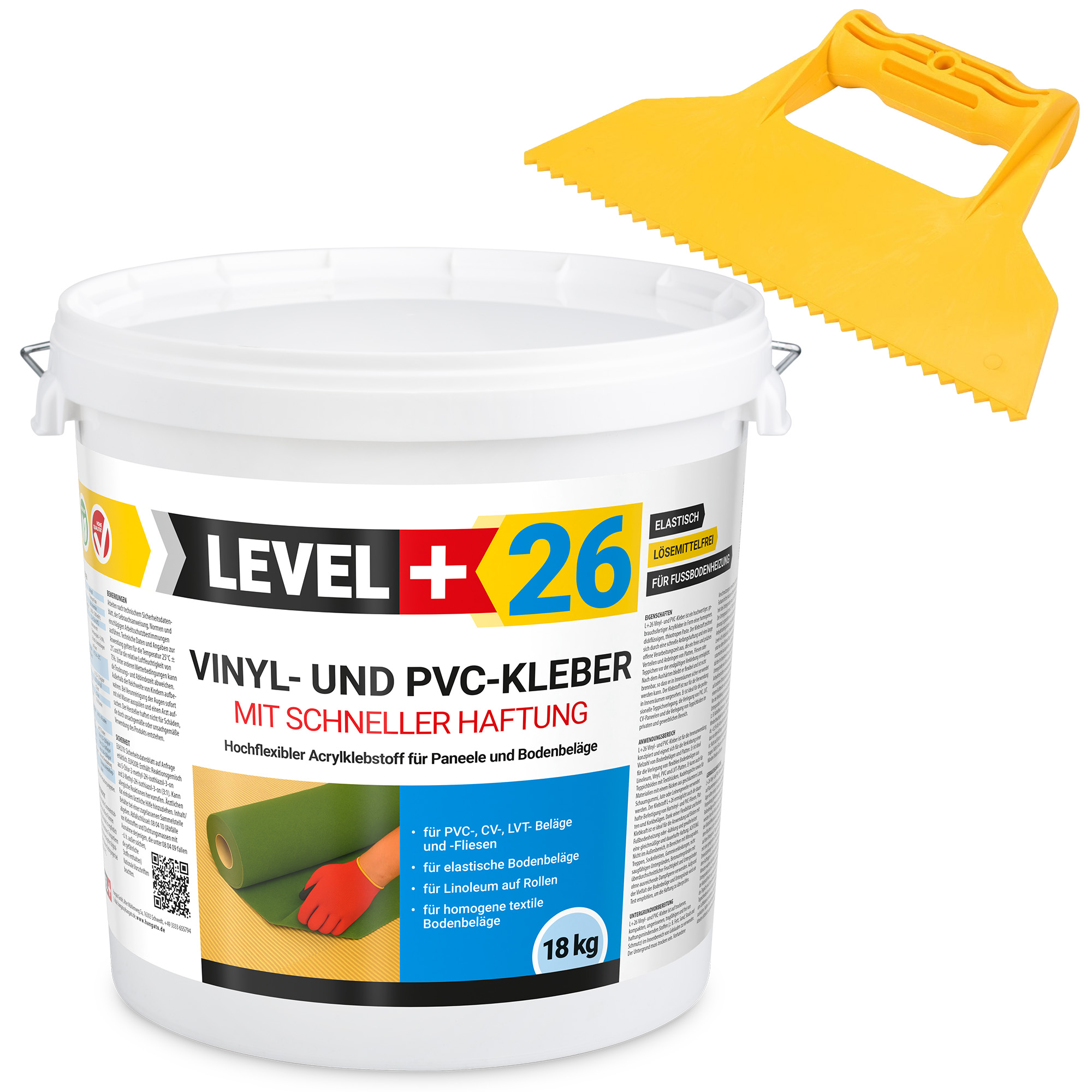Vinylkleber PVC LVT CV Paneele Fliesen Teppich Kleber 18kg Flex Klebstoff Innenbereich Schnelle Haftung L+26 + Dreieckzahnspachtel