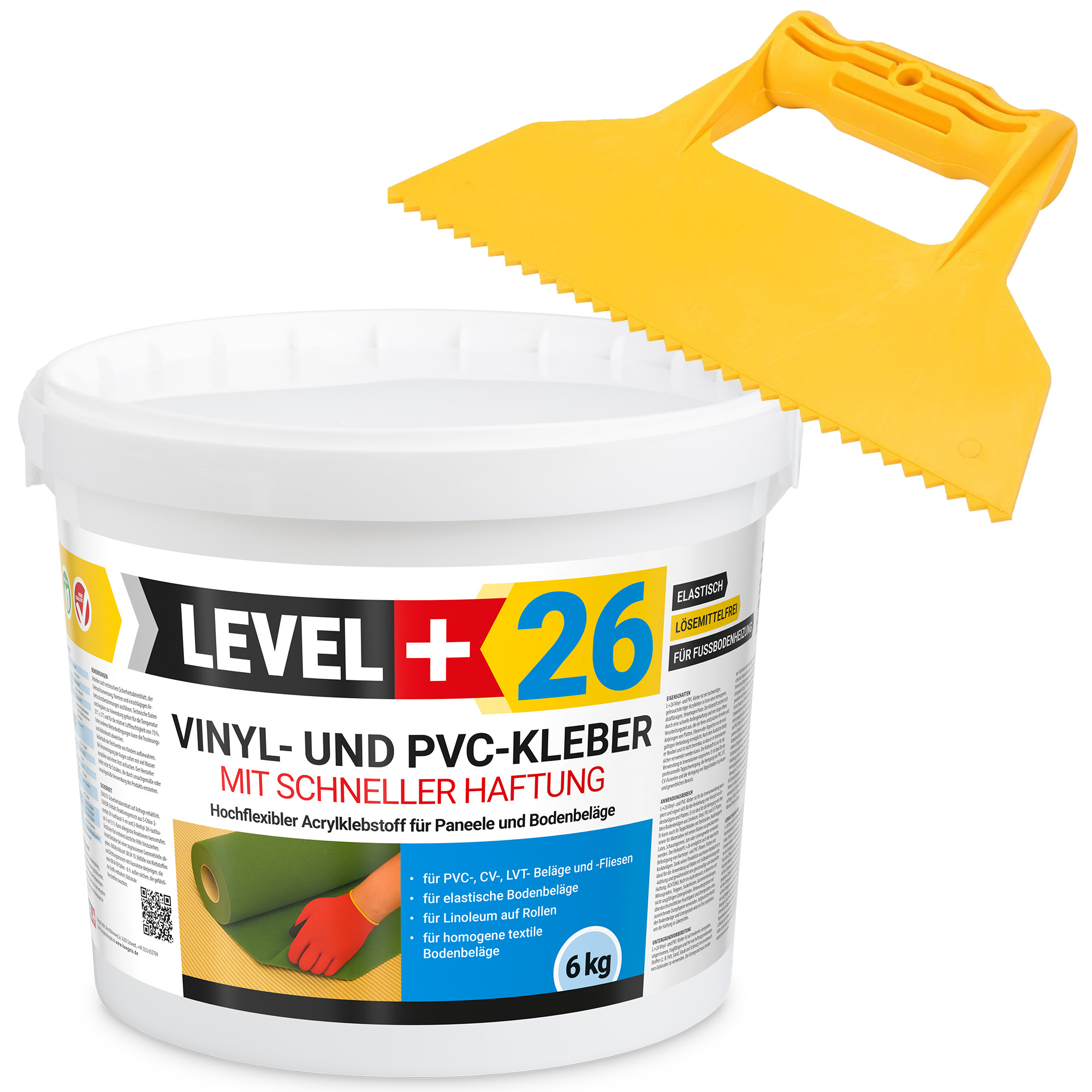 Vinylkleber PVC LVT CV Paneele Fliesen Teppich Kleber 6kg Flex Klebstoff Innenbereich Schnelle Haftung L+26 + Dreieckzahnspachtel