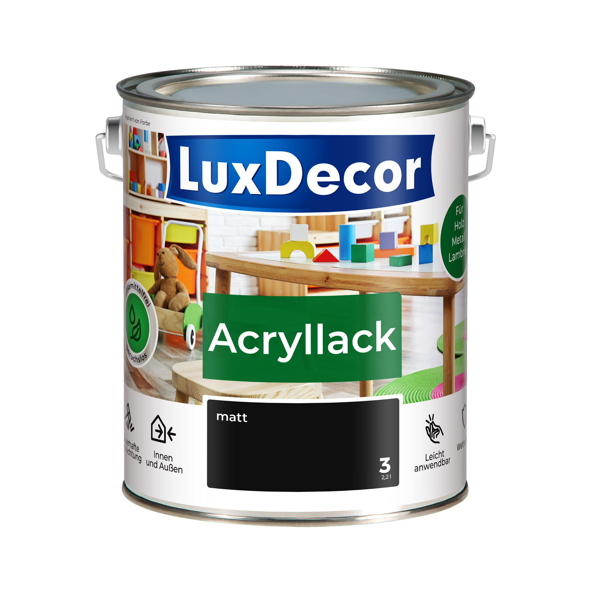 LuxDecor Acryllack 2,2L Matt (03) Absolut Schwarz Weißlack Holzlack Spielzeuge Metall Möbel