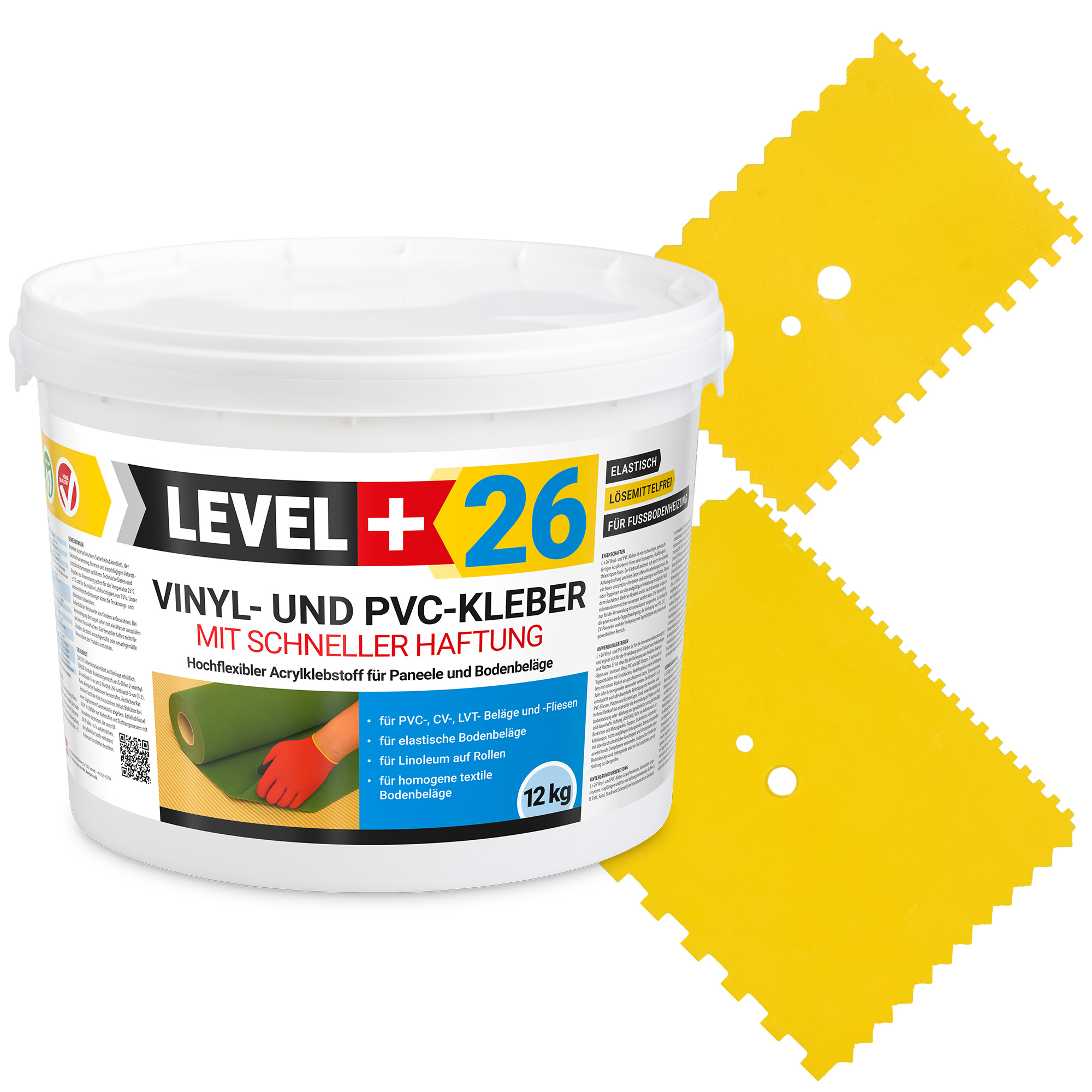 Vinylkleber PVC LVT CV Paneele Fliesen Teppich Kleber 12kg Flex Klebstoff Innenbereich Schnelle Haftung L+26 + 2 St. Zahnspachtel