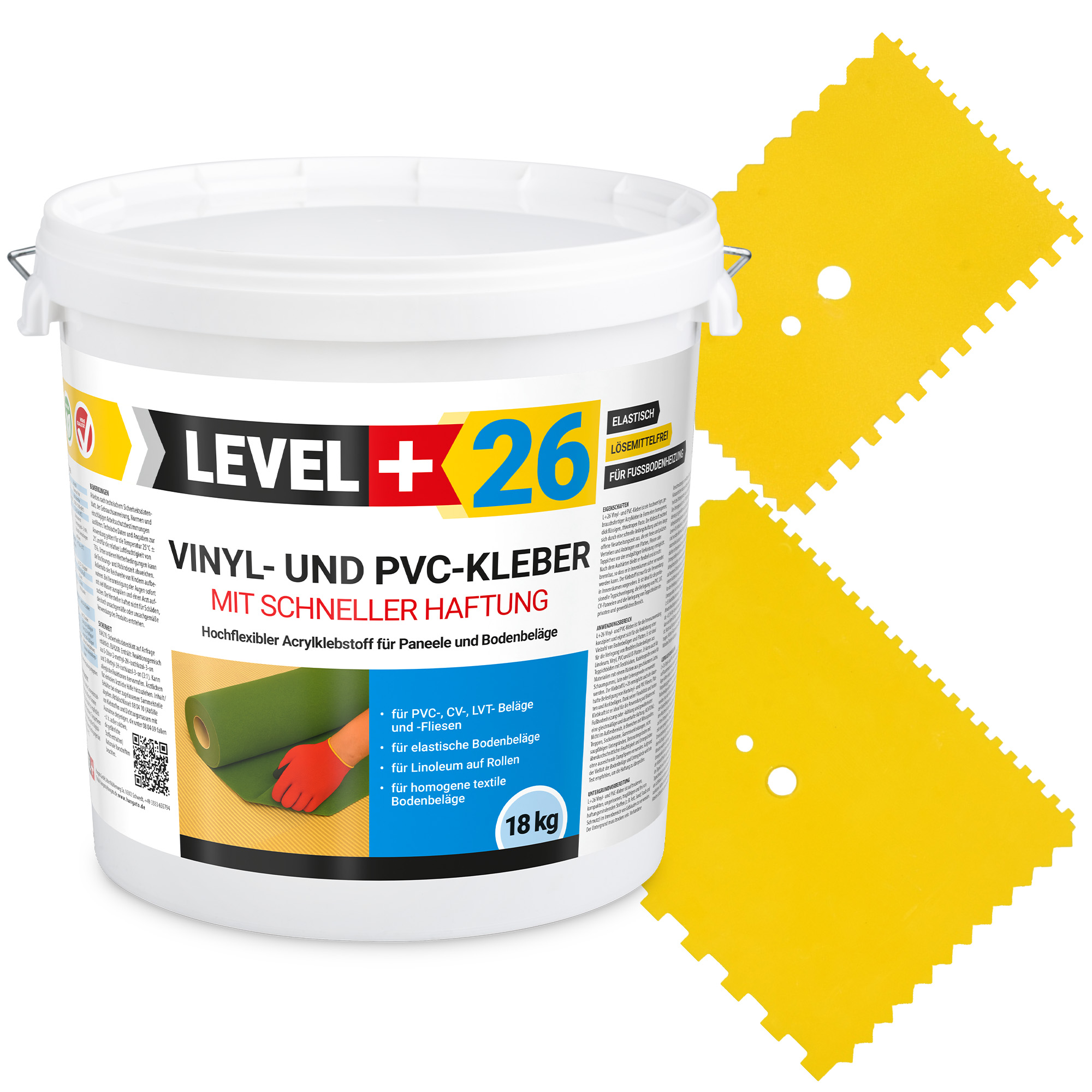 Vinylkleber PVC LVT CV Paneele Fliesen Teppich Kleber 18kg Flex Klebstoff Innenbereich Schnelle Haftung L+26 + 2 St. Zahnspachtel